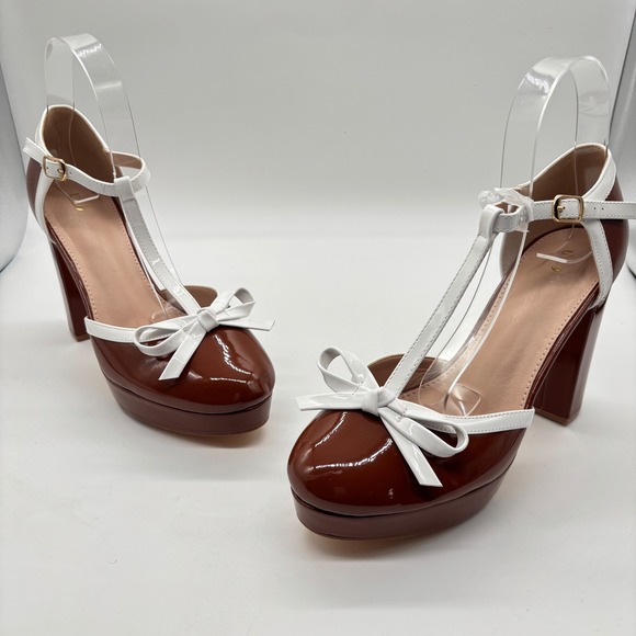 Allegra K Heels Womens 7 Brown White Bow Platform Shoes T Strap Block Heel - Picture 1 of 9